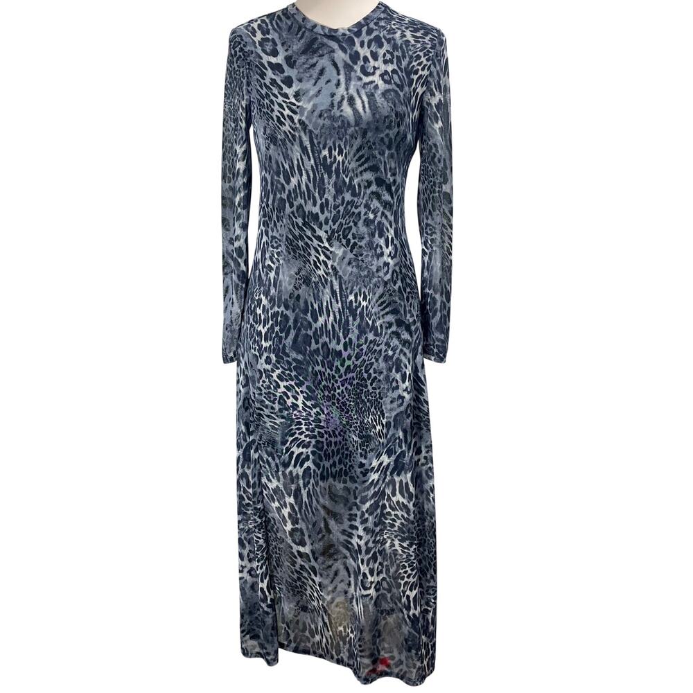 Elie McCarthy Animal Print Mesh Maxi Dress Gray Black Stretch Long Sleeve Small